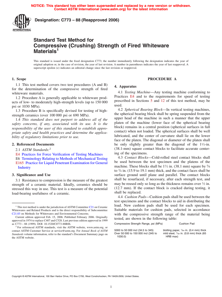 ASTM C773-88(2006) - Standard Test Method for Compressive (Crushing) Strength of Fired Whiteware Materials