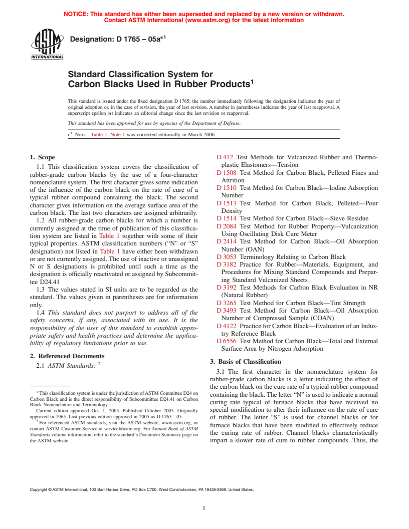 ASTM D1765-05ae1 - Standard Classification System for Carbon Blacks Used in Rubber Products