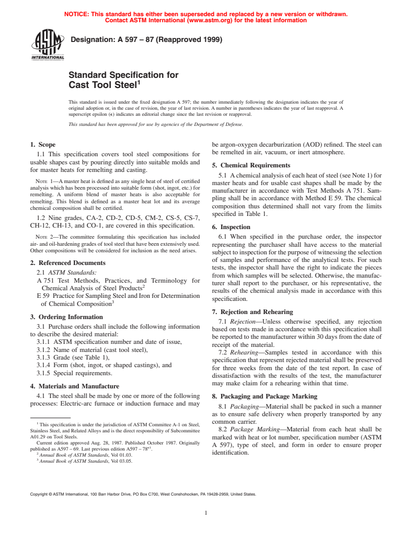 ASTM A597-87(1999) - Standard Specification for Cast Tool Steel