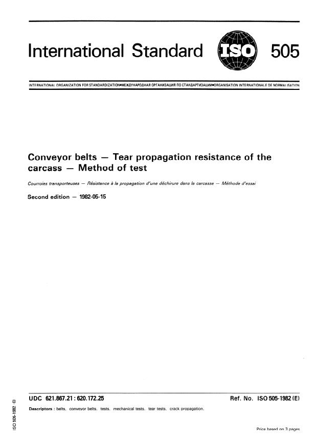 ISO 505:1982 - Conveyor belts -- Tear propagation resistance of the carcass -- Method of test