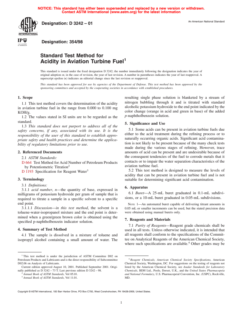 ASTM D3242-01 - Standard Test Method for Acidity in Aviation Turbine Fuel