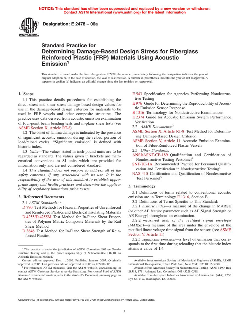 ASTM E2478-06 - Standard Practice for Determining Damage-Based Design Criteria for Fiberglass Reinforced Plastics (FRP) Materials