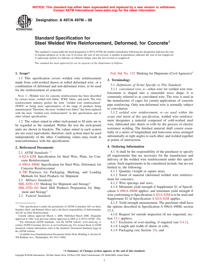 ASTM A497/A497M-06 - Standard Specification for Steel Welded Wire Reinforcement, Deformed, for Concrete