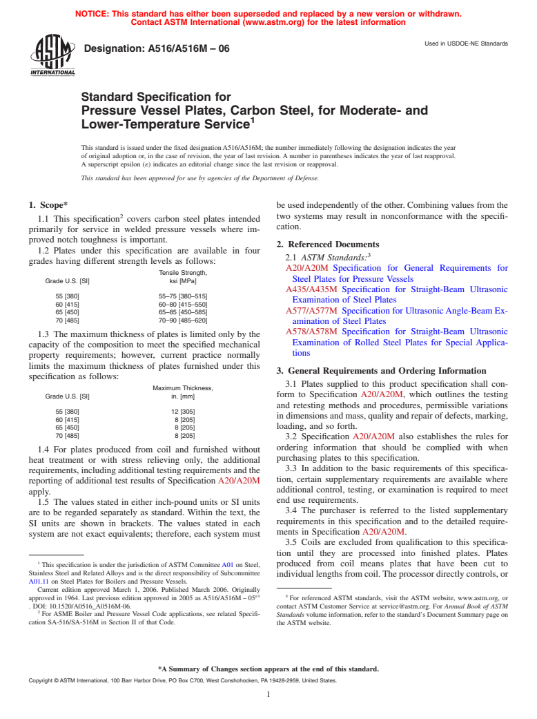 ASTM A516/A516M-06 - Standard Specification for Pressure Vessel Plates, Carbon Steel, for Moderate- and Lower-Temperature Service