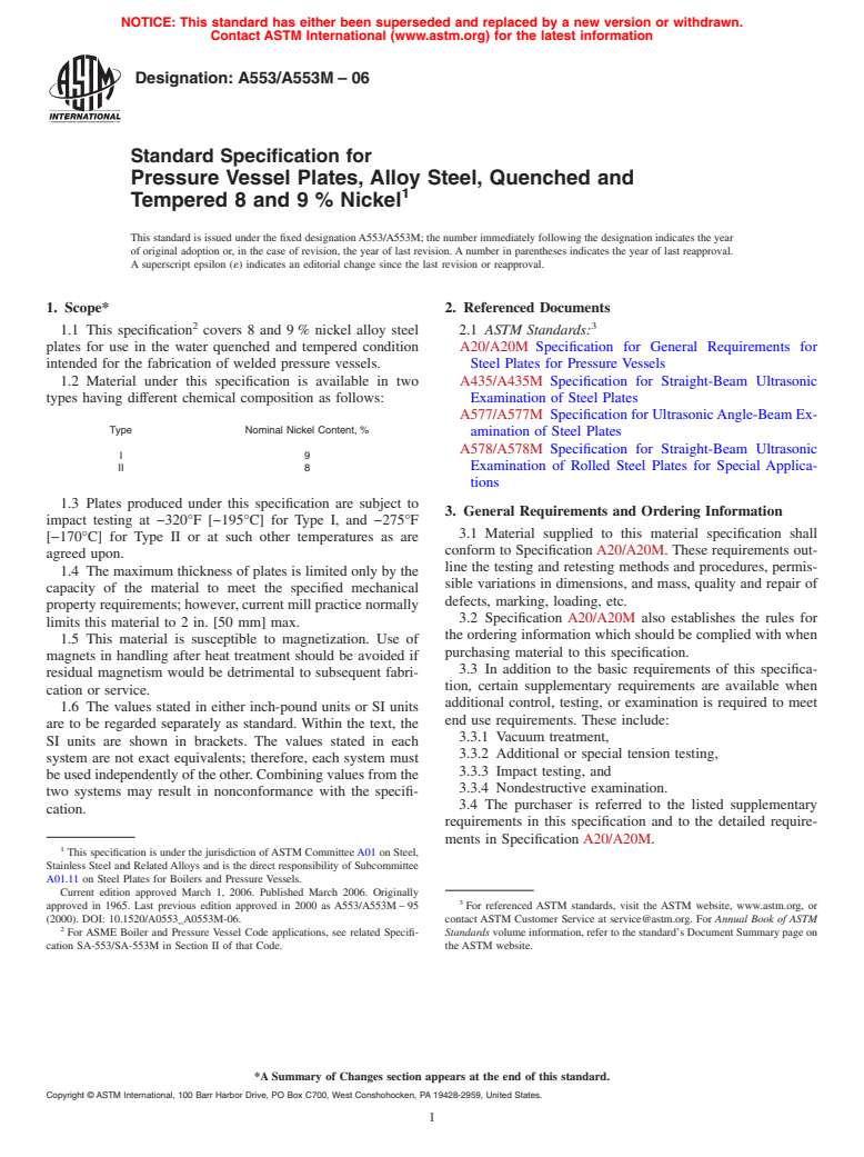 ASTM A553/A553M-06 - Standard Specification for Pressure Vessel Plates, Alloy Steel, Quenched and Tempered 8 and 9 Percent Nickel