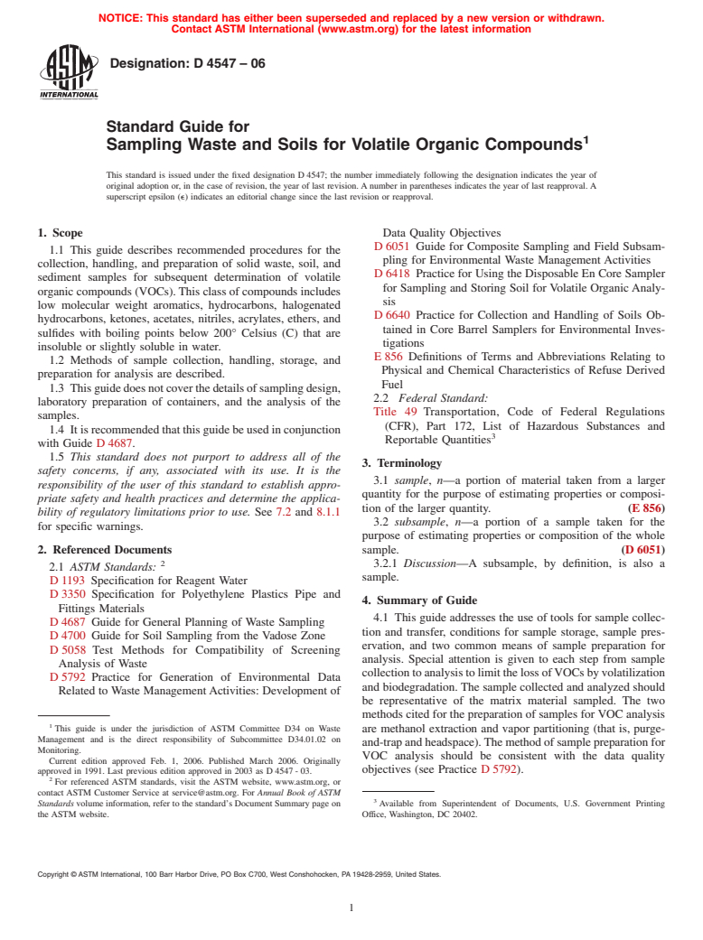 ASTM D4547-06 - Standard Guide for Sampling Waste and Soils for Volatile Organic Compounds