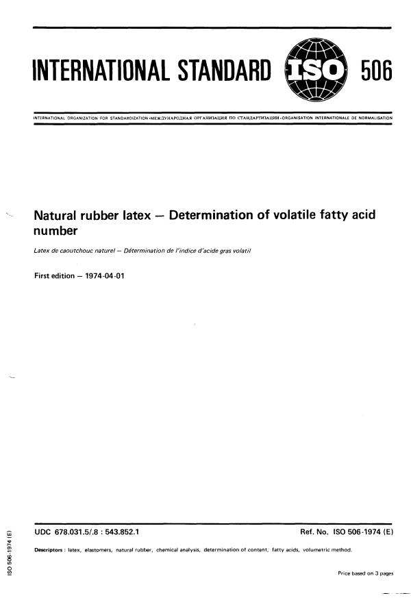 ISO 506:1974 - Natural rubber latex -- Determination of volatile fatty acid number