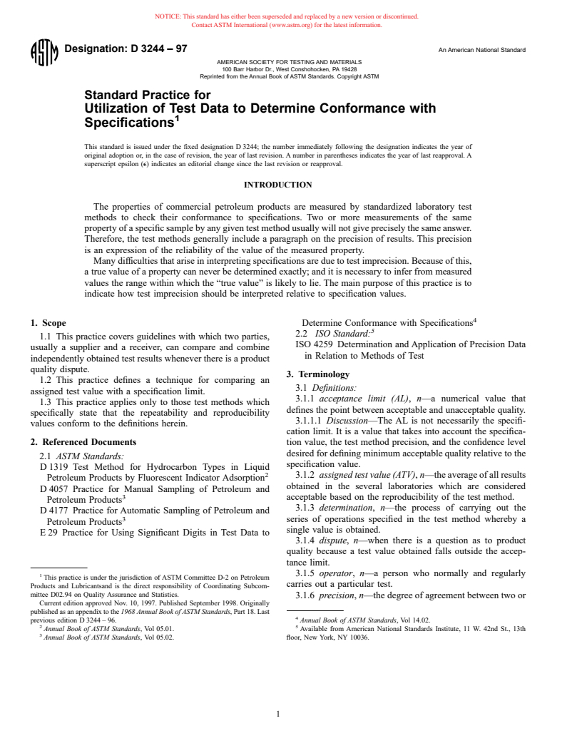 ASTM D3244-97 - Standard Practice for Utilization of Test Data to Determine Conformance with Specifications