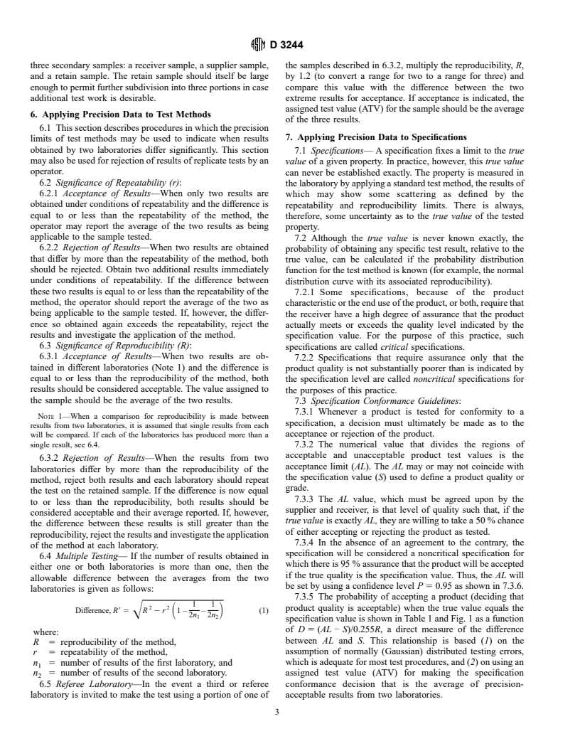 ASTM D3244-97 - Standard Practice for Utilization of Test Data to Determine Conformance with Specifications