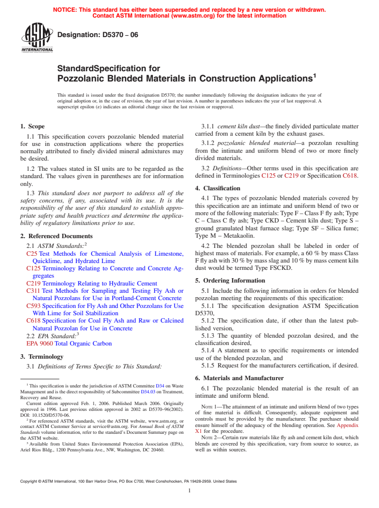 ASTM D5370-06 - Standard Specification for Pozzolanic Blended Materials in Construction Applications