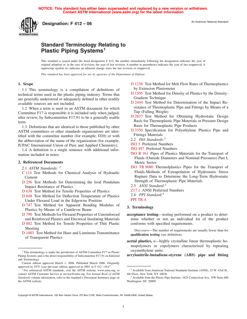 ASTM F412-06 - Standard Terminology Relating to Plastic Piping Systems