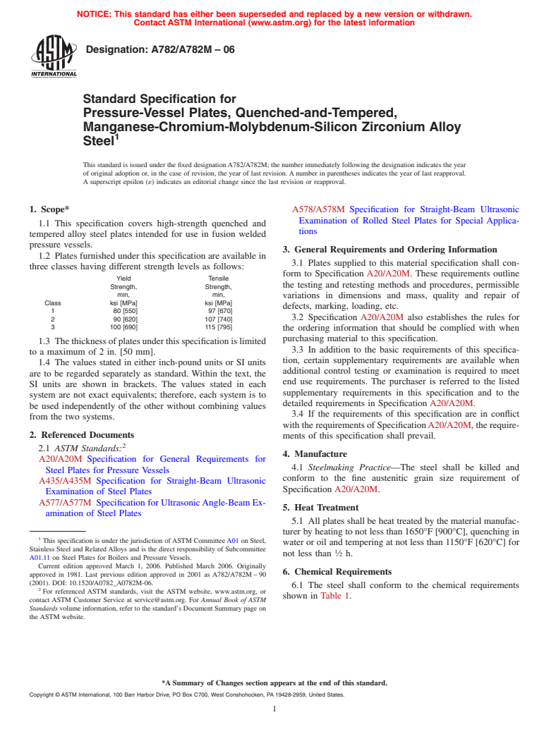 ASTM A782/A782M-06 - Standard Specification for Pressure-Vessel Plates, Quenched-and-Tempered, Manganese-Chromium-Molybdenum-Silicon Zirconium Alloy Steel (Withdrawn 2010)