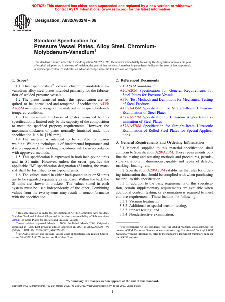 ASTM A832/A832M-06 - Standard Specification for Pressure Vessel Plates, Alloy Steel, Chromium-Molybdenum-Vanadium