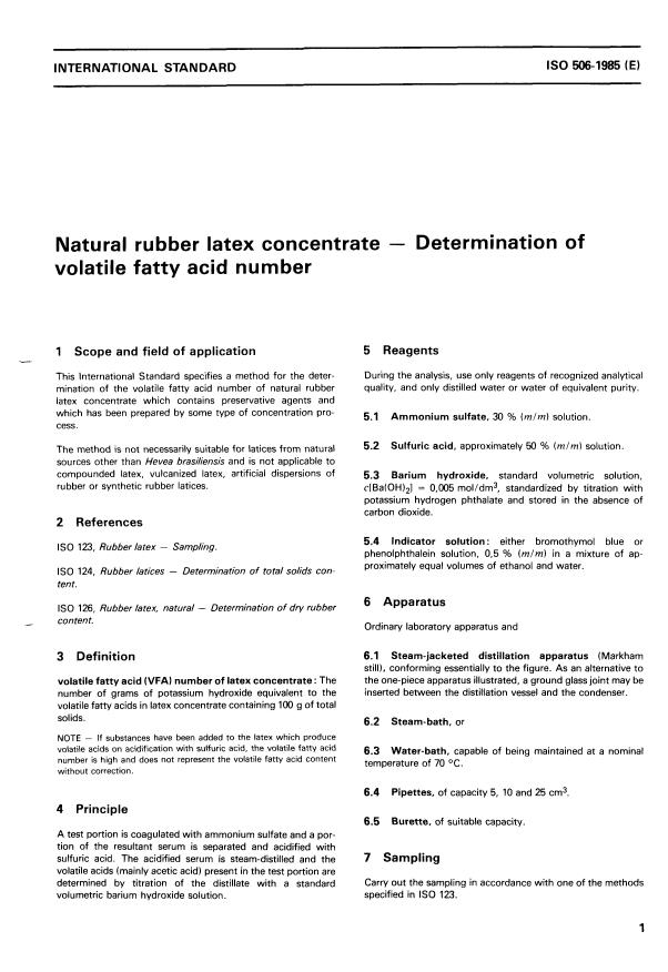 ISO 506:1985 - Natural rubber latex concentrate -- Determination of volatile fatty acid number