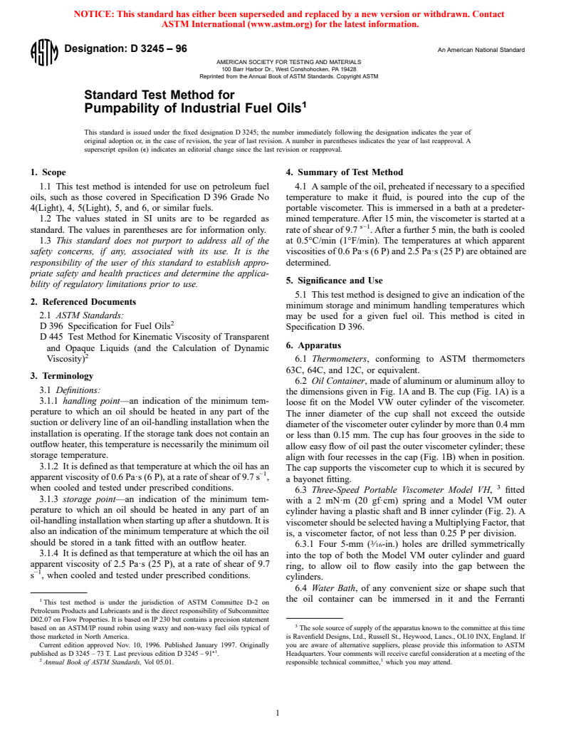 ASTM D3245-96 - Standard Test Method for Pumpability of Industrial Fuel Oils