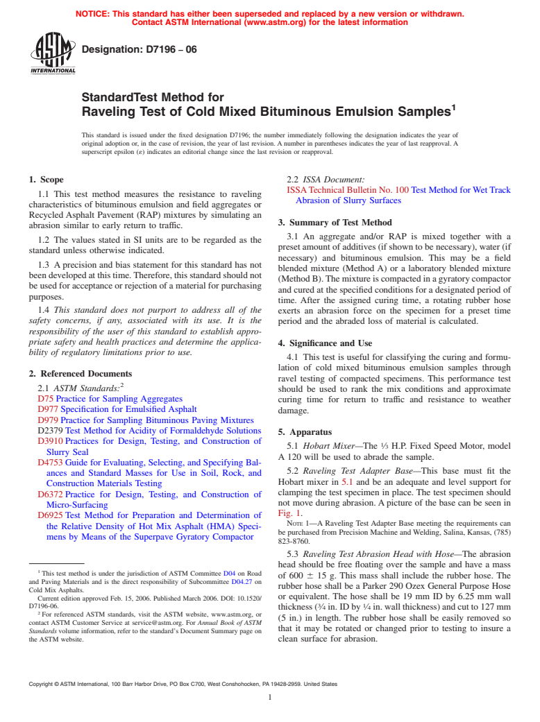 ASTM D7196-06 - Standard Test Method for Raveling Test of Cold Mixed Bituminous Emulsion Samples