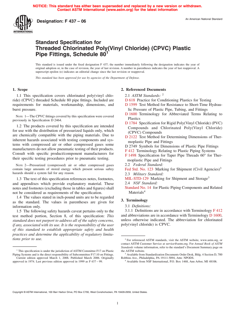 ASTM F437-06 - Standard Specification for Threaded Chlorinated Poly(Vinyl Chloride) (CPVC) Plastic Pipe Fittings, Schedule 80