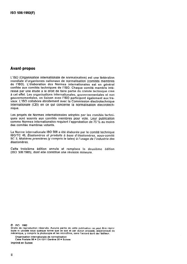 ISO 506:1992 ISO 506:1992 - Latex concentré de caoutchouc naturel -- Détermination de l'indice d'acide gras volatil - Page 2 preview
