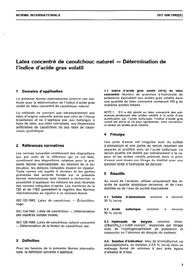 ISO 506:1992 - Latex concentré de caoutchouc naturel -- Détermination de l'indice d'acide gras volatil