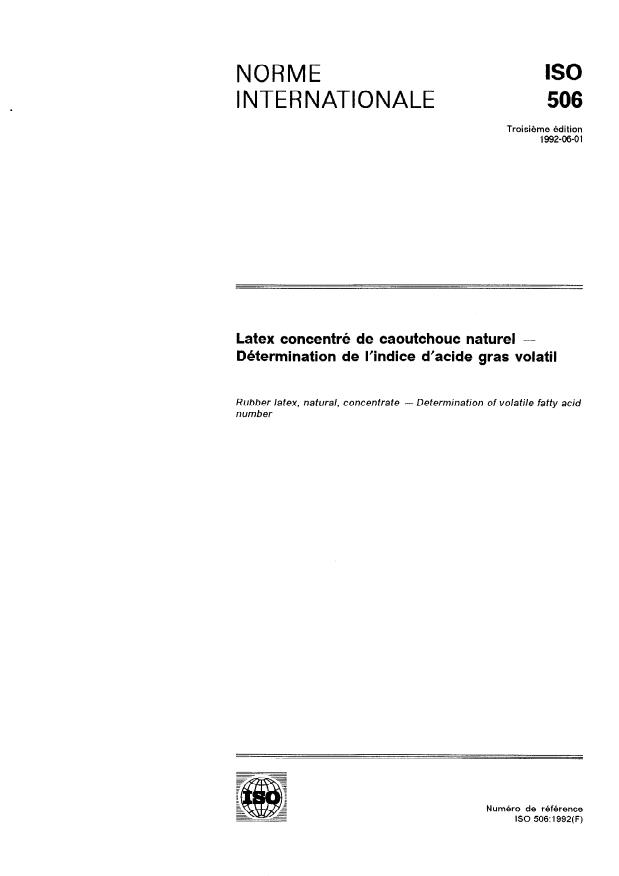 ISO 506:1992 - Latex concentré de caoutchouc naturel -- Détermination de l'indice d'acide gras volatil