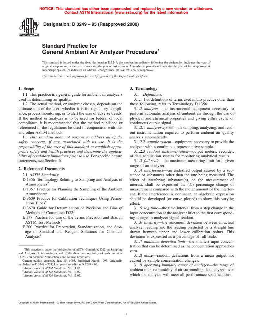 ASTM D3249-95(2000) - Standard Practice for General Ambient Air Analyzer Procedures