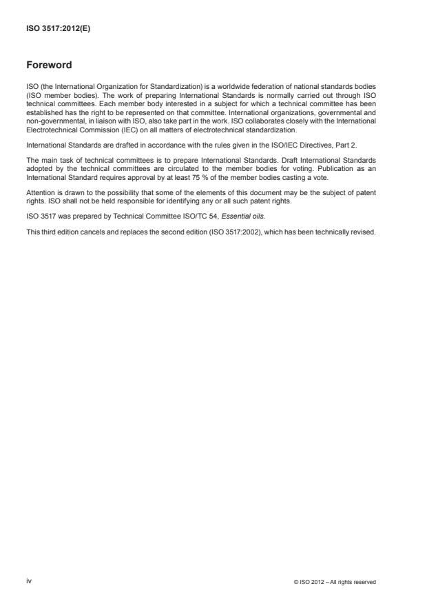 ISO 3517:2012 ISO 3517:2012 - Essential oil of neroli (Citrus aurantium L., syn. Citrus amara Link, syn. Citrus bigaradia Loisel, syn. Citrus vulgaris Risso) - Page 4 preview