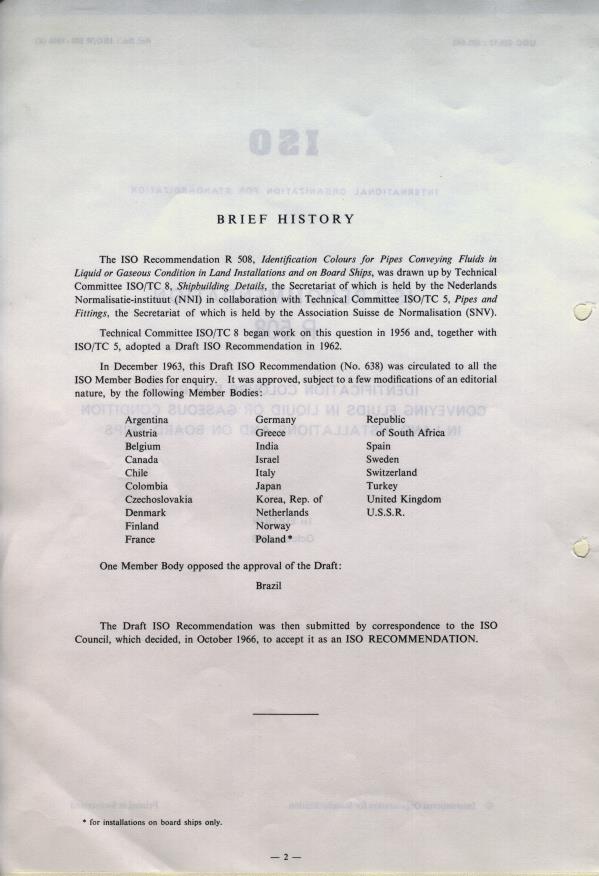 ISO/R 508:1966 ISO/R 508:1966 - Identification colours for pipes conveying fluids in liquid or gaseous condition in land installations and on board ships - Page 2 preview