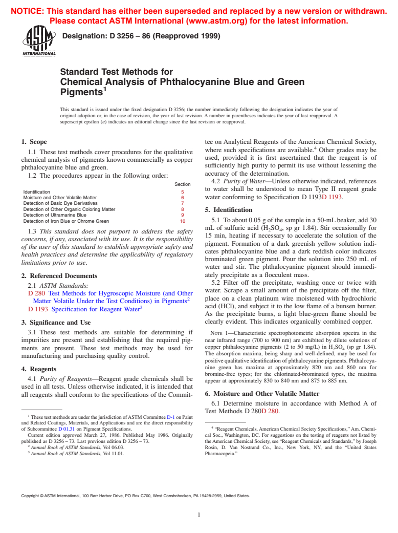 ASTM D3256-86(1999) - Standard Test Methods for Chemical Analysis of Phthalocyanine Blue and Green Pigments