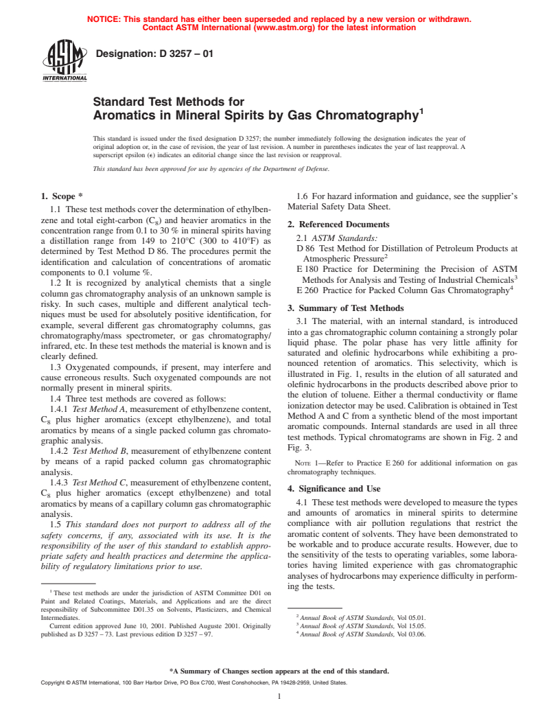 ASTM D3257-01 - Standard Test Methods for Aromatics in Mineral Spirits by Gas Chromatography