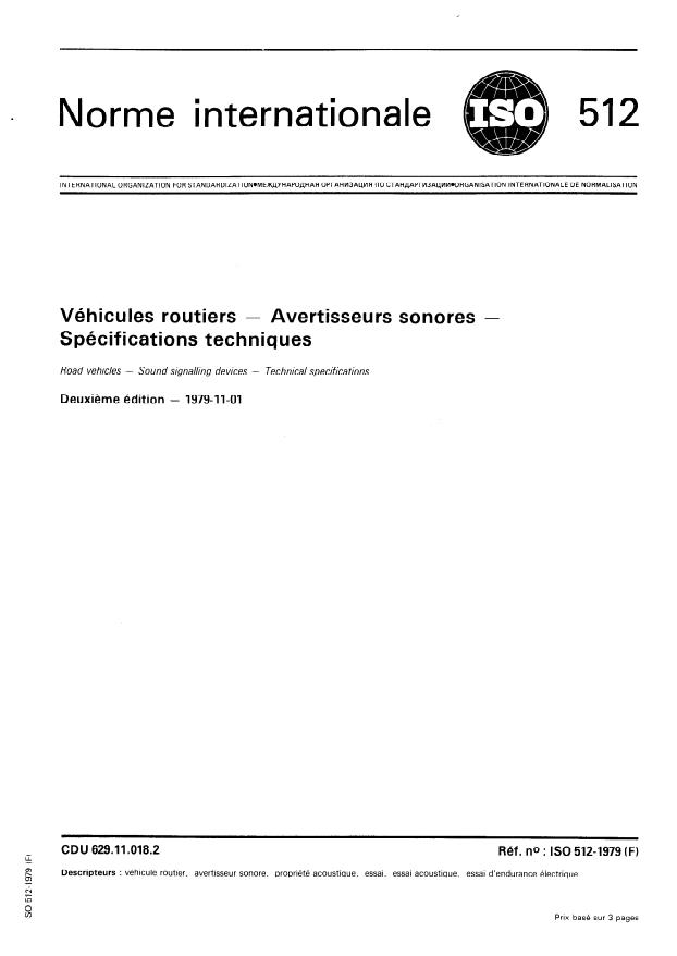 ISO 512:1979 - Véhicules routiers -- Avertisseurs sonores -- Spécifications techniques