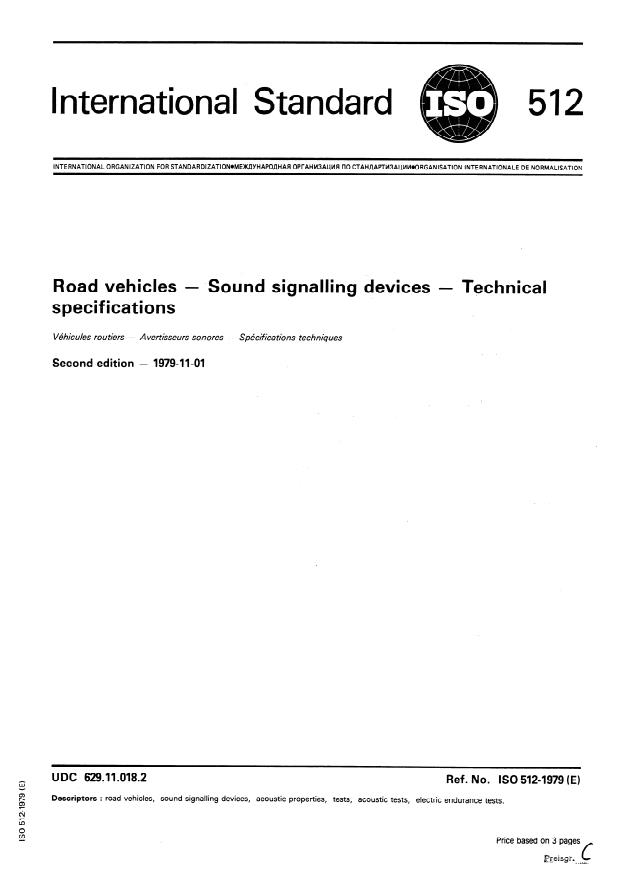 ISO 512:1979 - Road vehicles -- Sound signalling devices -- Technical specifications