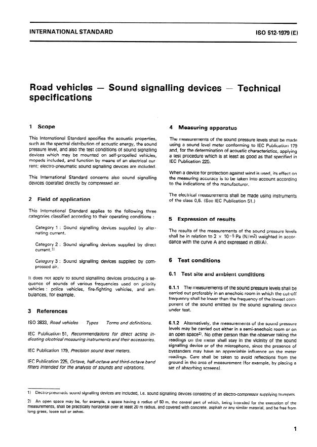 ISO 512:1979 - Road vehicles -- Sound signalling devices -- Technical specifications