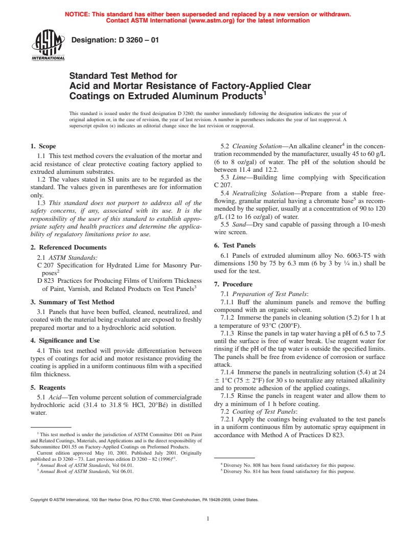 ASTM D3260-01 - Standard Test Method for Acid and Mortar Resistance of Factory-Applied Clear Coatings on Extruded Aluminum Products