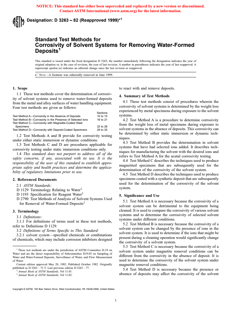 ASTM D3263-82(1999)e1 - Standard Test Methods for Corrosivity of Solvent Systems for Removing Water-Formed Deposits