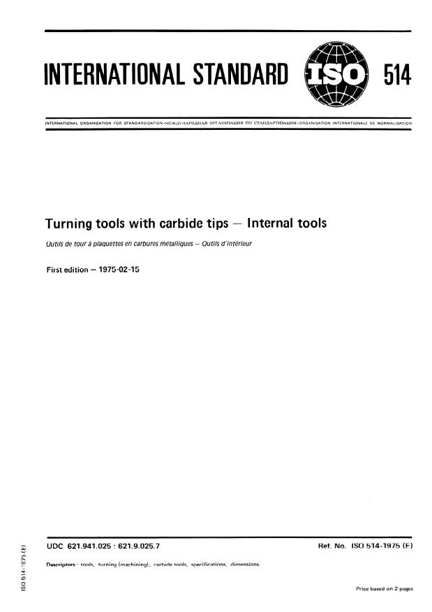 ISO 514:1975 - Turning tools with carbide tips -- Internal tools