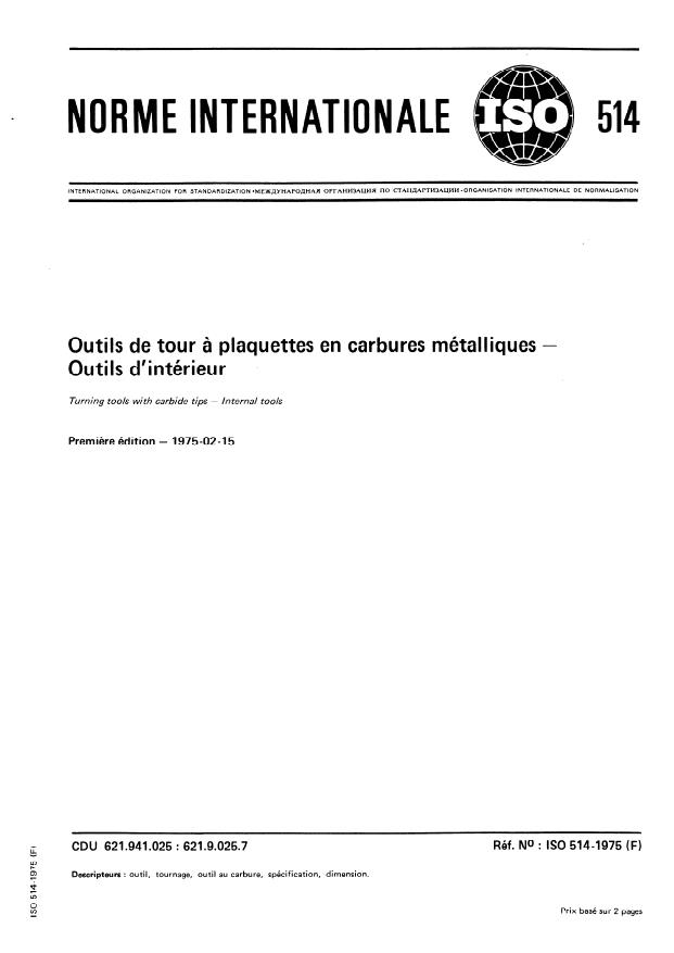 ISO 514:1975 - Outils de tour a plaquettes en carbures métalliques -- Outils d'intérieur