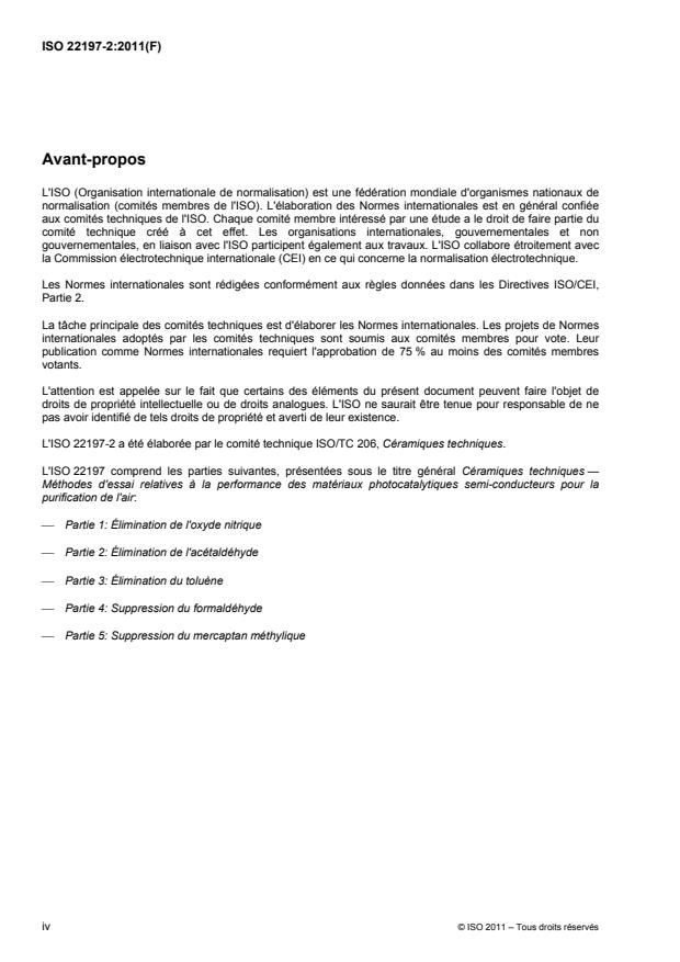 ISO 22197-2:2011 ISO 22197-2:2011 - Céramiques techniques -- Méthodes d'essai relatives a la performance des matériaux photocatalytiques semi-conducteurs pour la purification de l'air - Page 4 preview