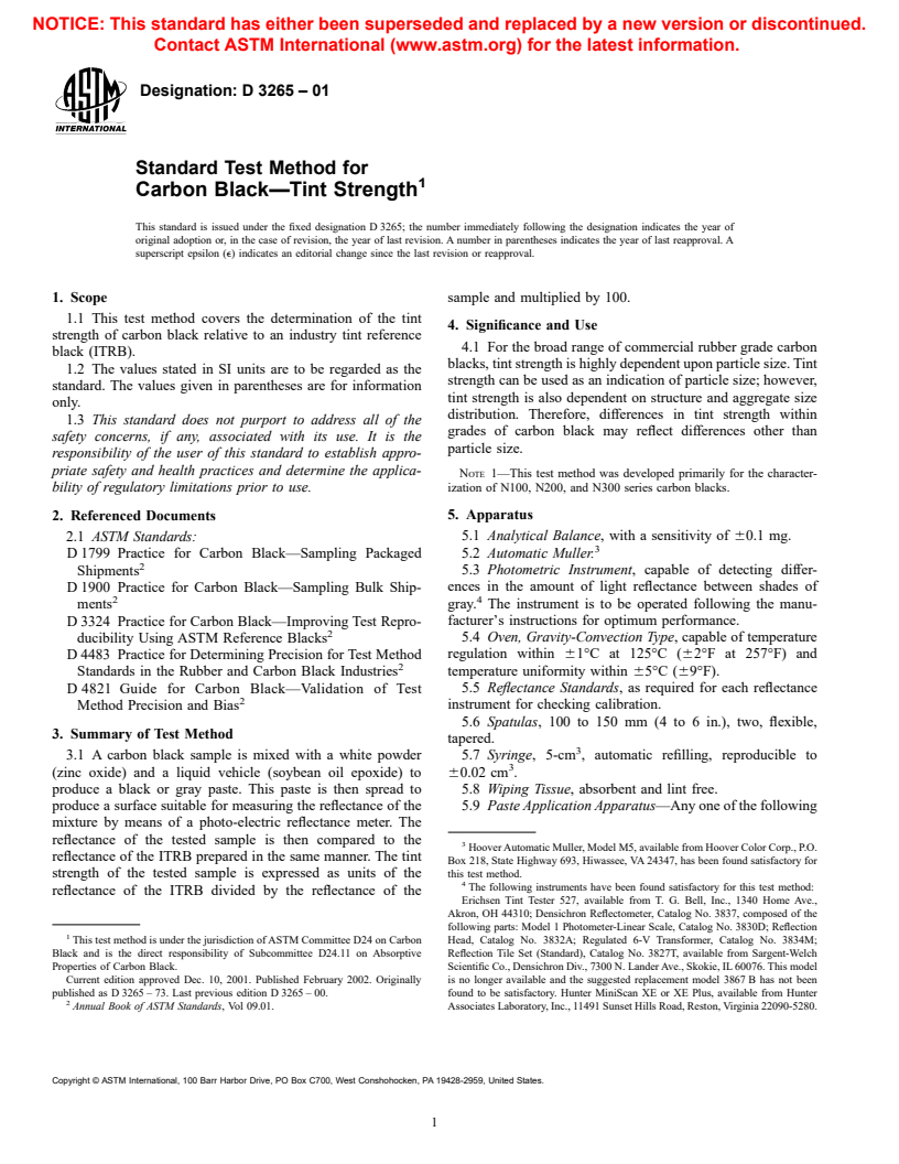 ASTM D3265-01 - Standard Test Method for Carbon Black&#8212;Tint Strength