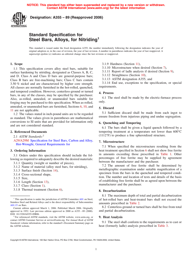 ASTM A355-89(2006) - Standard Specification for Steel Bars, Alloys, for Nitriding