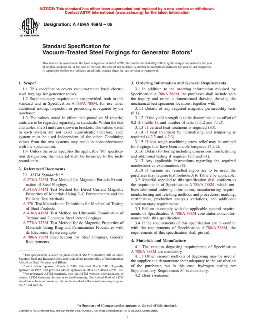 ASTM A469/A469M-06 - Standard Specification for Vacuum-Treated Steel Forgings for Generator Rotors