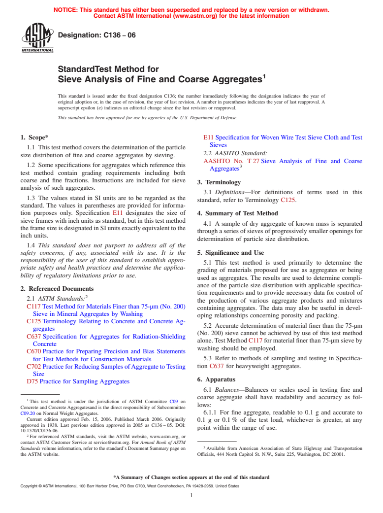 ASTM C136-06 - Standard Test Method for Sieve Analysis of Fine and Coarse Aggregates
