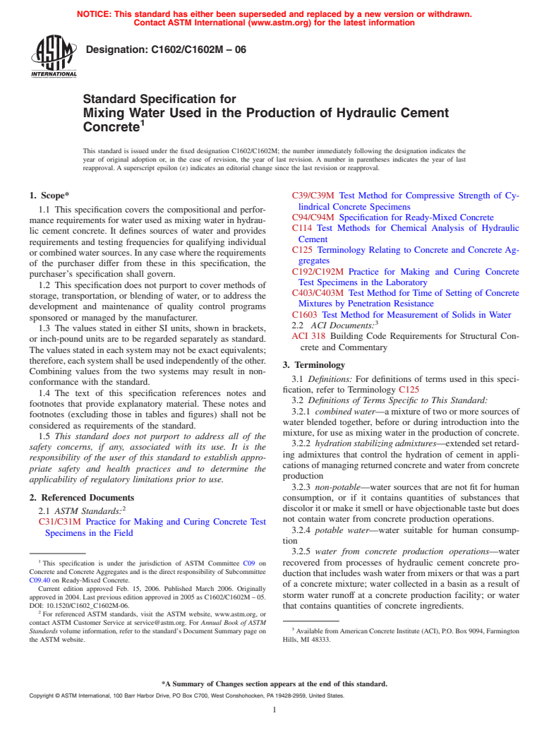 ASTM C1602/C1602M-06 - Standard Specification for Mixing Water Used in the Production of Hydraulic Cement Concrete