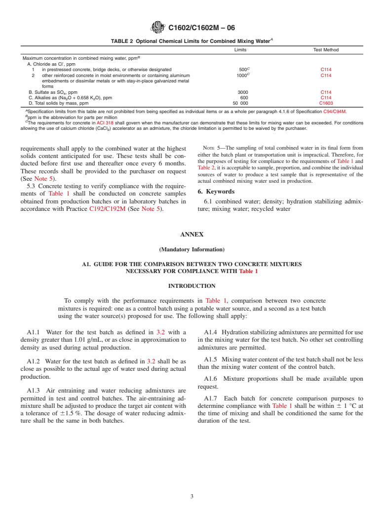 ASTM C1602/C1602M-06 - Standard Specification for Mixing Water Used in the Production of Hydraulic Cement Concrete