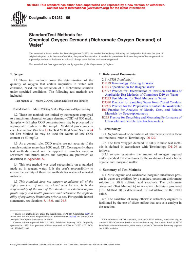 ASTM D1252-06 - Standard Test Methods for Chemical Oxygen Demand (Dichromate Oxygen Demand) of Water