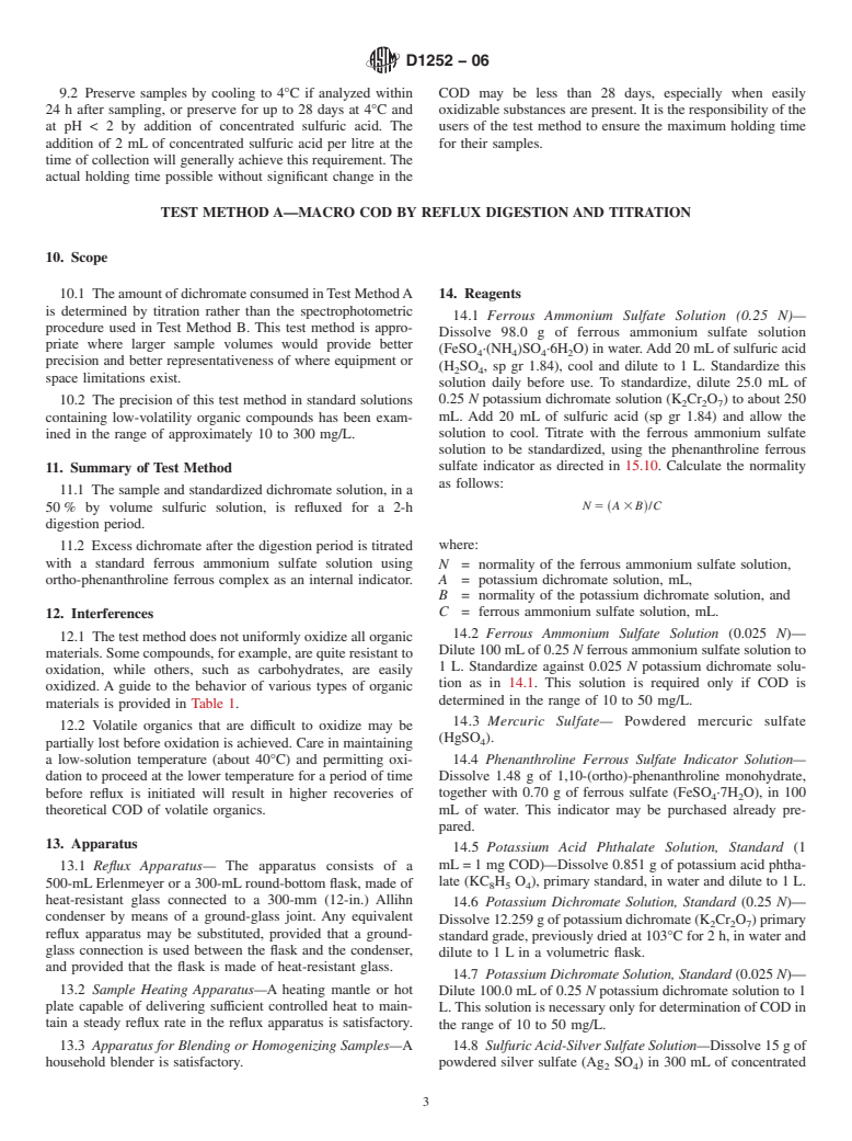 ASTM D1252-06 - Standard Test Methods for Chemical Oxygen Demand (Dichromate Oxygen Demand) of Water