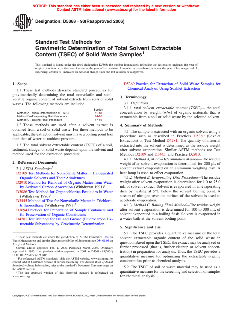 ASTM D5368-93(2006) - Standard Test Methods for Gravimetric Determination of Total Solvent Extractable Content (TSEC) of Solid Waste Samples