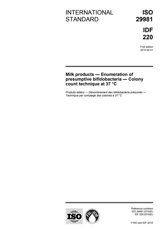 ISO 29981:2010 - Milk products -- Enumeration of presumptive bifidobacteria -- Colony count technique at 37 degrees C