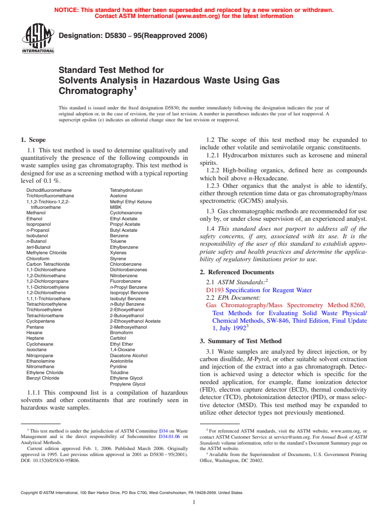 ASTM D5830-95(2006) - Standard Test Method for Solvents Analysis in Hazardous Waste Using Gas Chromatography