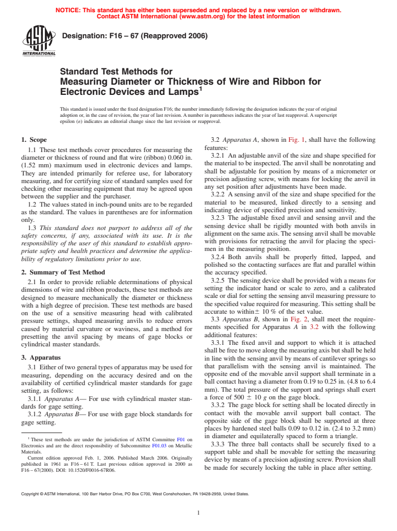 ASTM F16-67(2006) - Standard Test Methods for Measuring Diameter or Thickness of Wire and Ribbon for Electronic Devices and Lamps