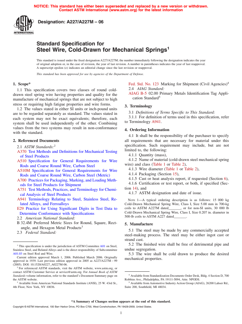 ASTM A227/A227M-06 - Standard Specification for Steel Wire, Cold-Drawn for Mechanical Springs